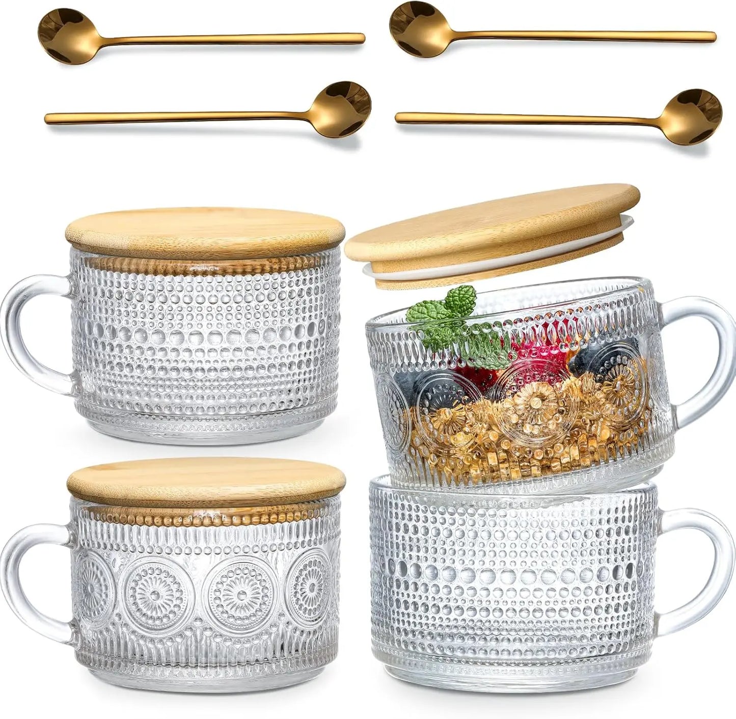 15.2oz Glass Cups, Lids, Spoons