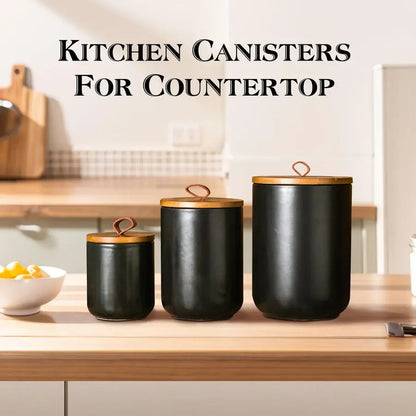 Black Ceramic Canister Set with Wooden Lids