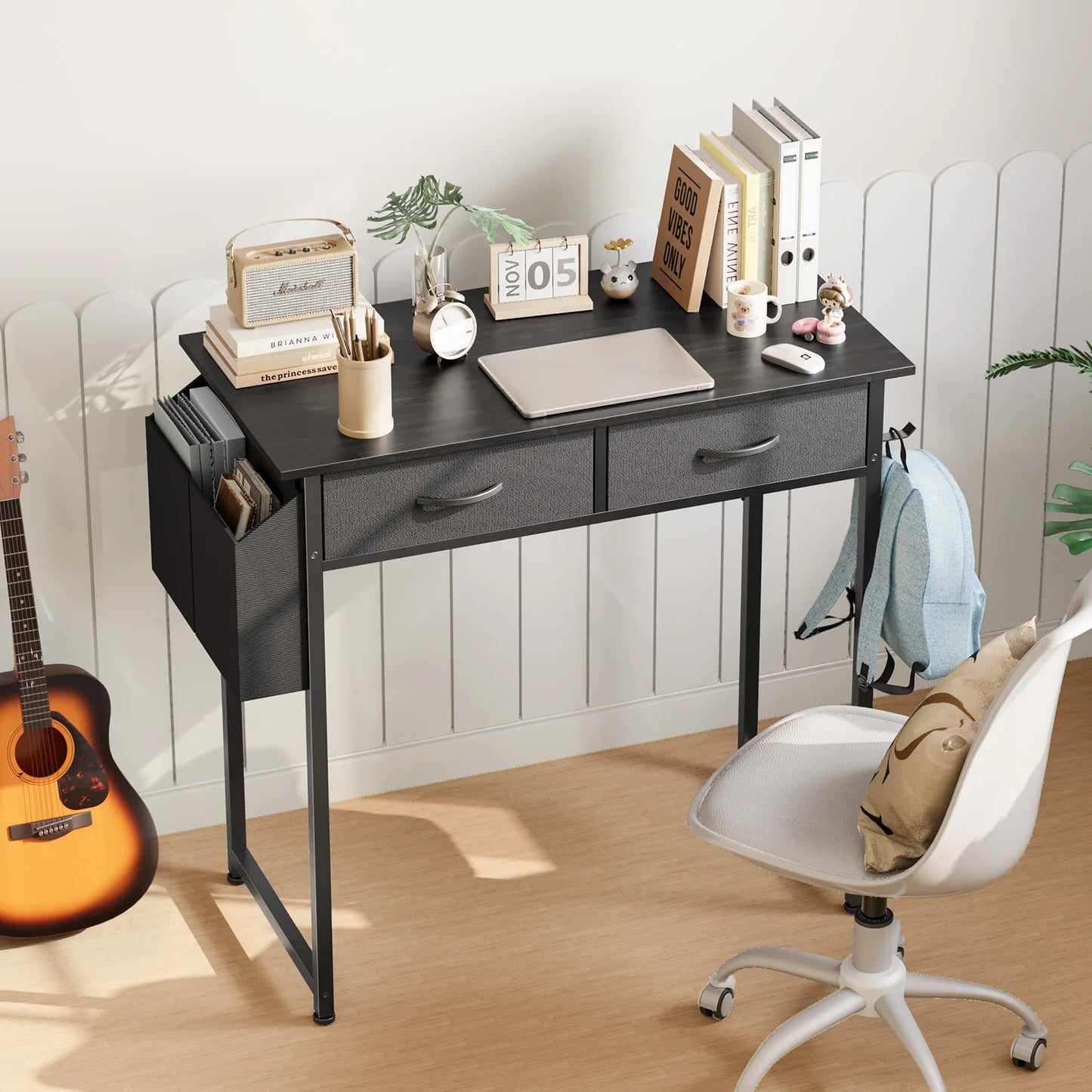 32in Computer Desk with Fabric Storage Drawers