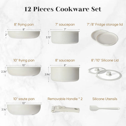 12-Piece Kitchen Cookware with Removable Handle