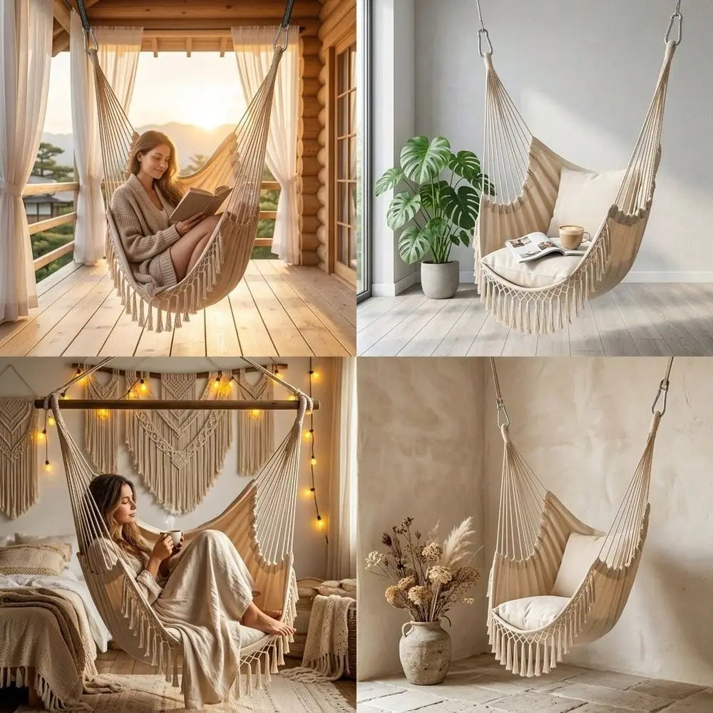 Boho Macrame Hanging Hammock Chair With Cushioned Seat