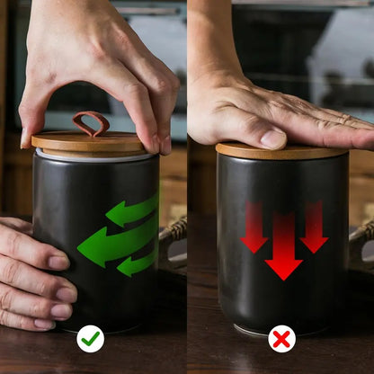 Black Ceramic Canister Set with Wooden Lids