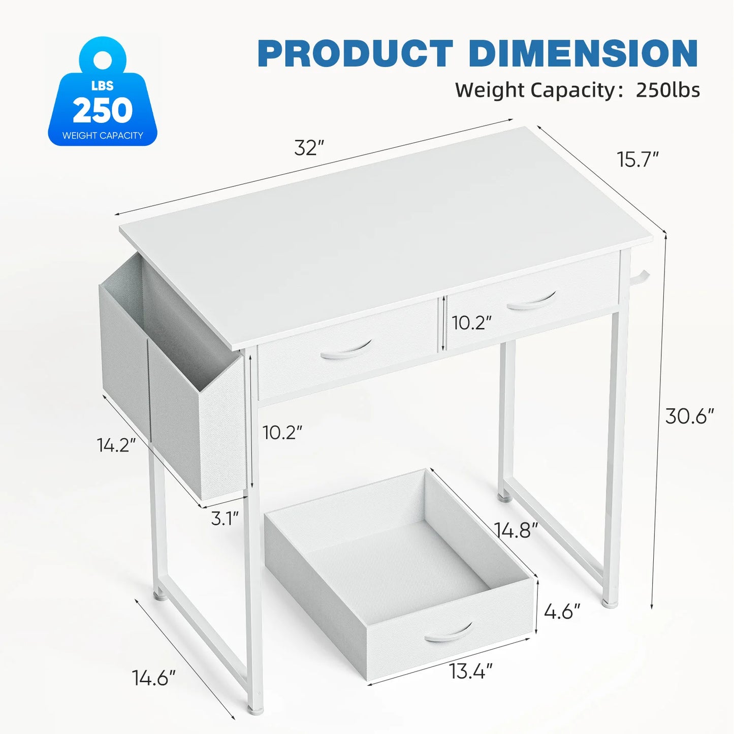 32in Computer Desk with Fabric Storage Drawers