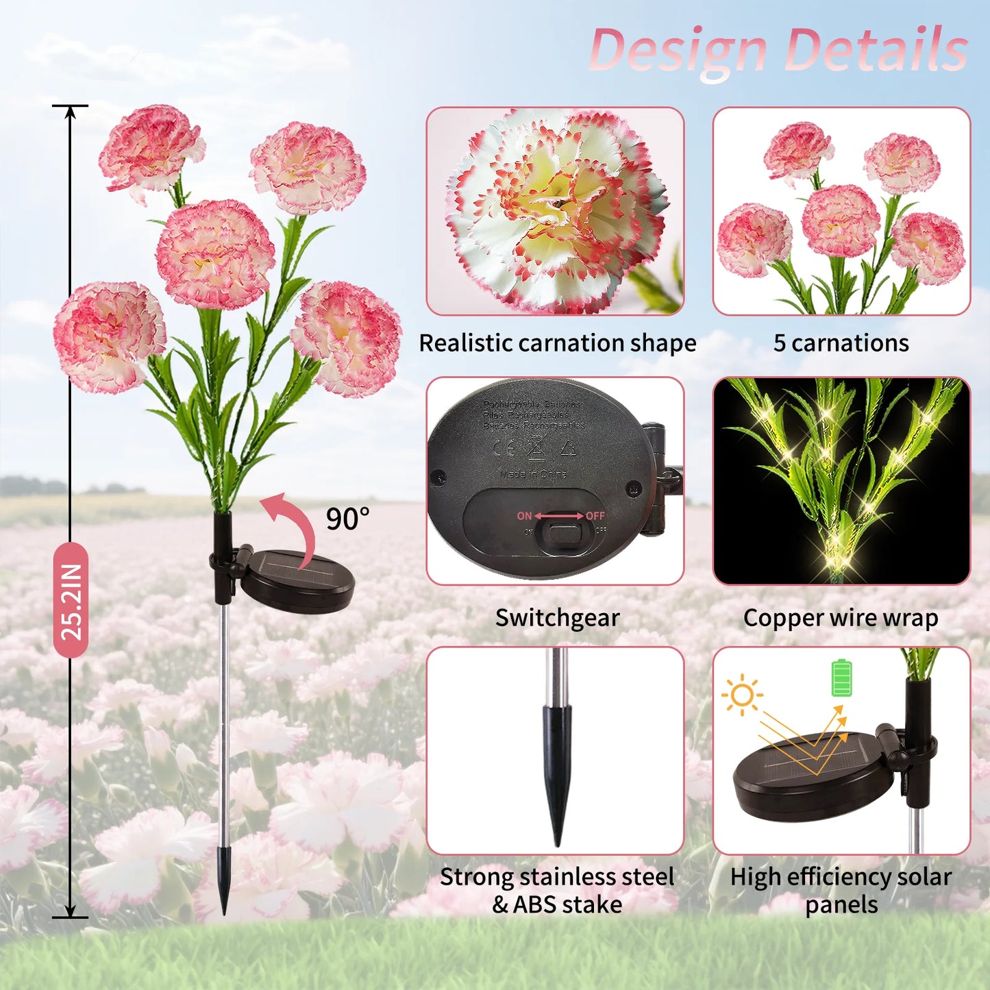 2pc LED Carnation Solar Lights