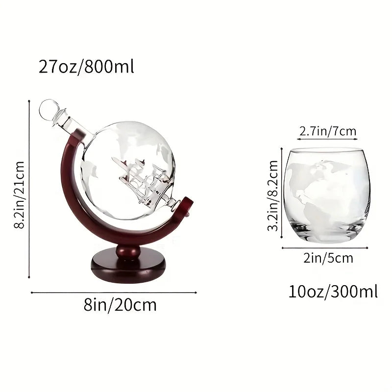 World Map Etched Glass Cups with Decanter