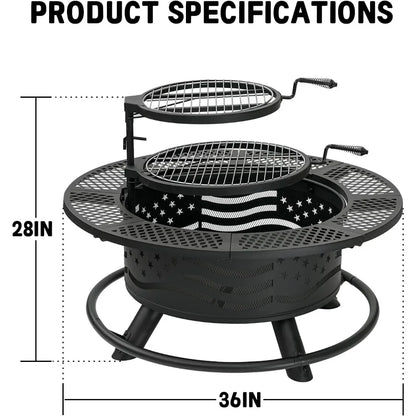 36 Inch Fire Pit with 2 Cooking Grates
