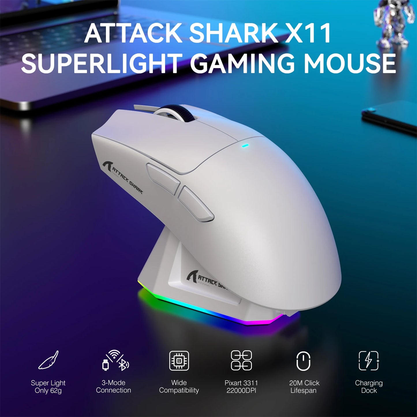 Lightweight Wireless Gaming Mouse with RGB Backlight Charging