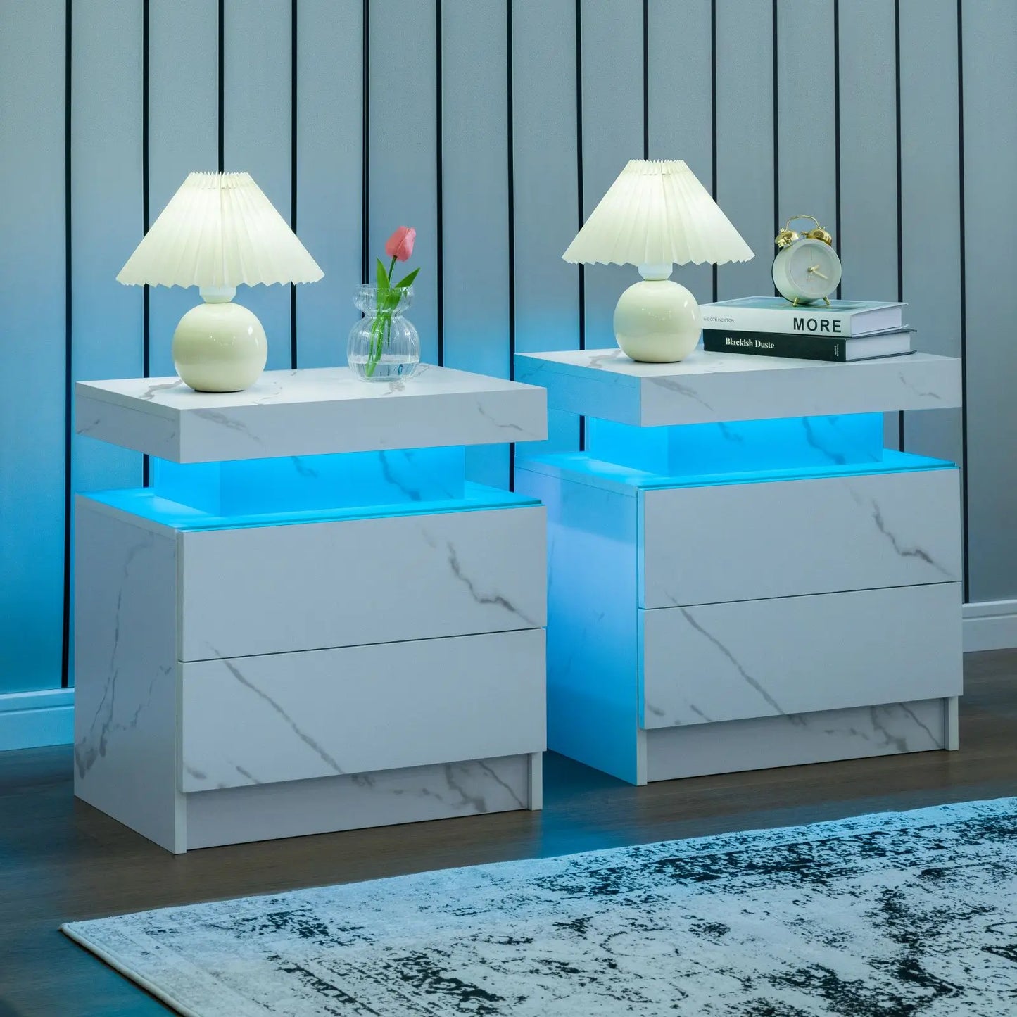 Set of 2 LED Nightstands with 2 Drawers
