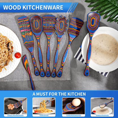 7Pcs Blue Pakkawood Wooden Cooking Utensils