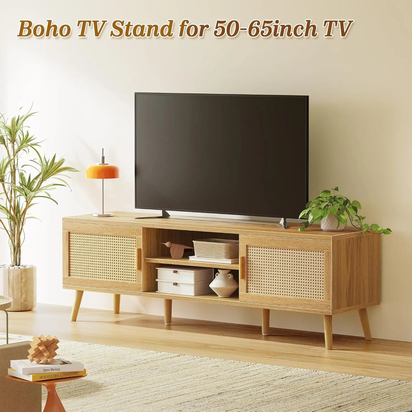 Boho TV Stand with 2 Cabinets & Shelving