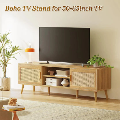 Boho TV Stand with 2 Cabinets & Shelving