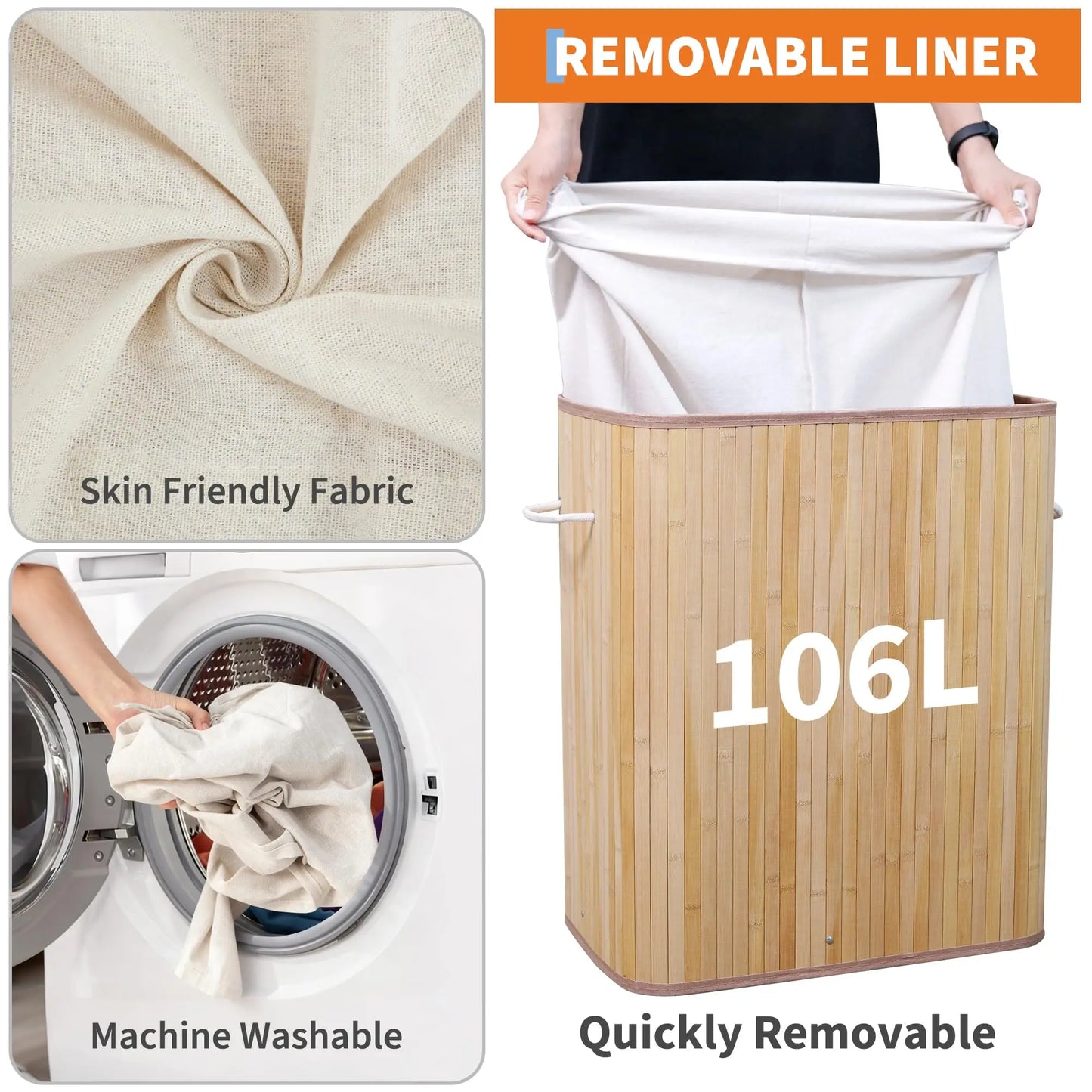 Large Bamboo Laundry Hamper with Removable Liner