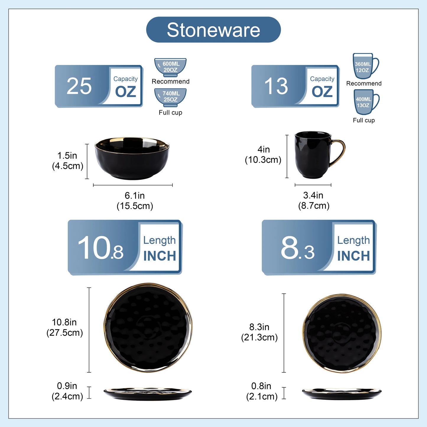 LOVECASA 16 Piece Black Porcelain Dinnerware Set