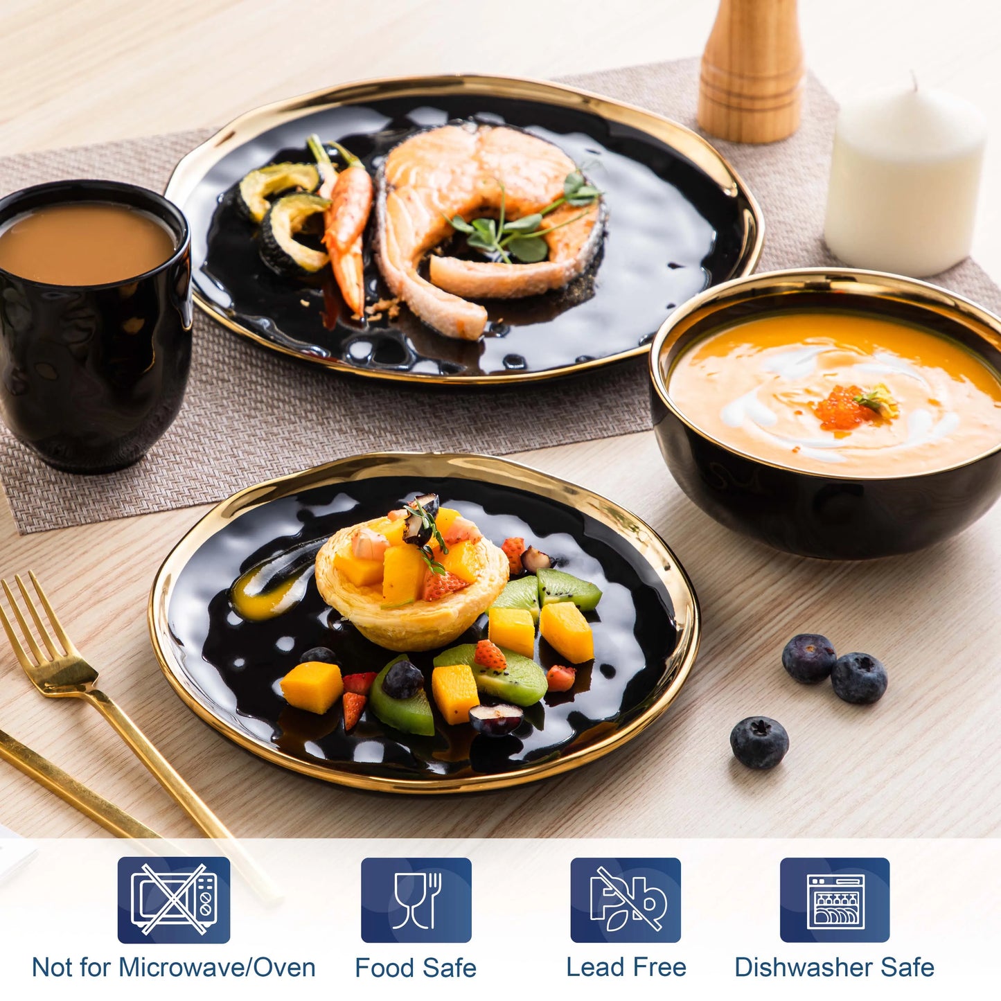 LOVECASA 16 Piece Black Porcelain Dinnerware Set
