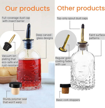 Glass Syrup Dispenser Bottle 7oz with Metal Pour Spout, Labels & Stopper for Coffee, Maple, Honey, Oil, Sauces