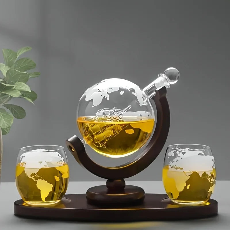 World Map Etched Glass Cups with Decanter