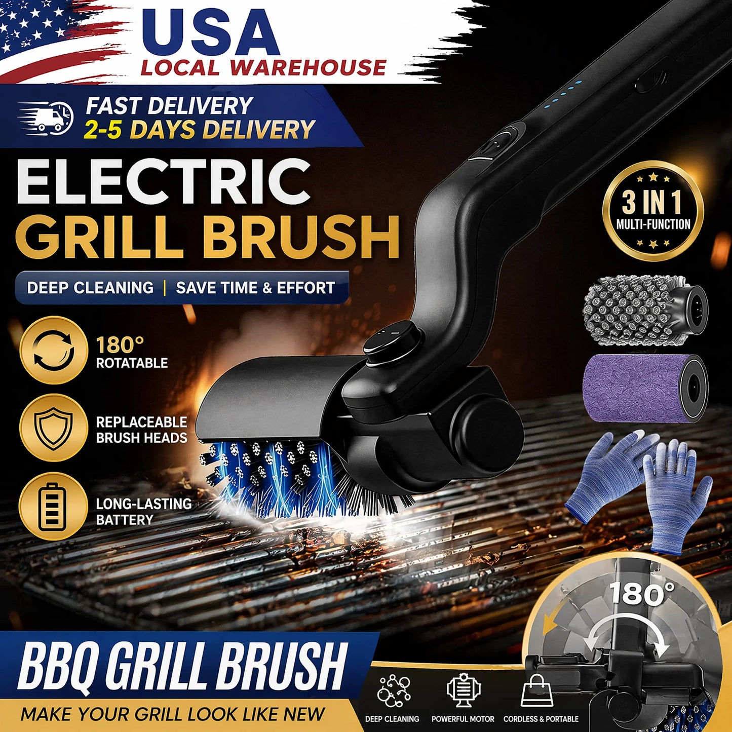 Electric Grill Brush Cleaning BBQ Cleaner Brush Cordless Rechargeable Rotary Adjustable Outdoor Heavy oil Stains Clean Tool