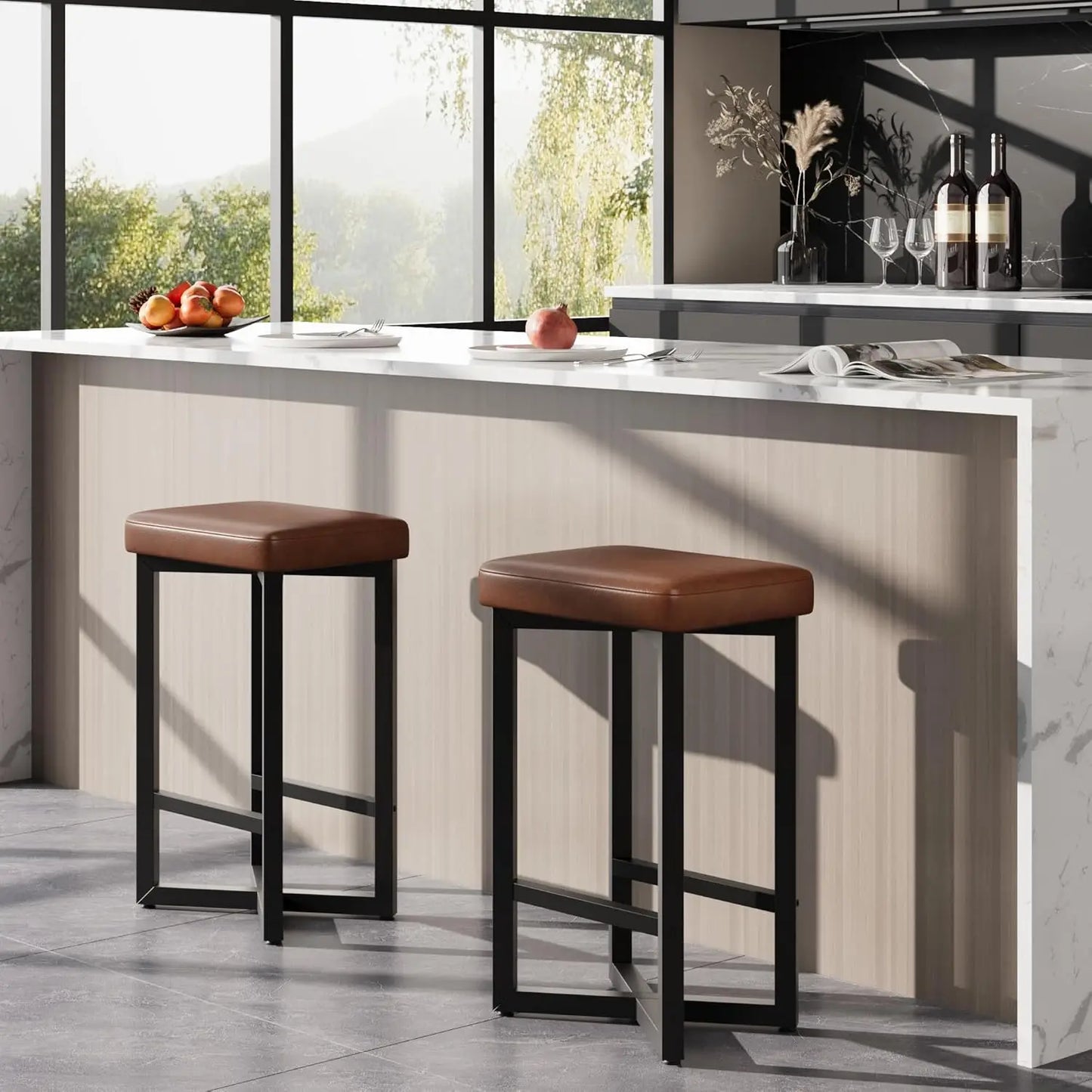 24" Bar Stools with Metal X-Frame & Leather Seats