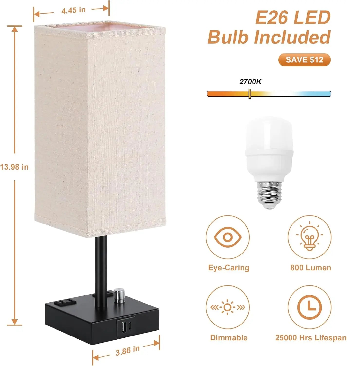 Fully Dimmable Table Lamps w/Charging Ports