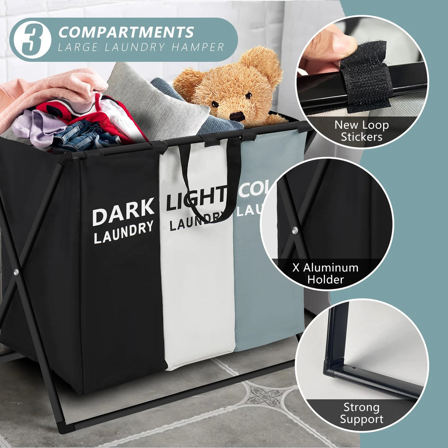 Large 3-Section Divided Laundry Basket