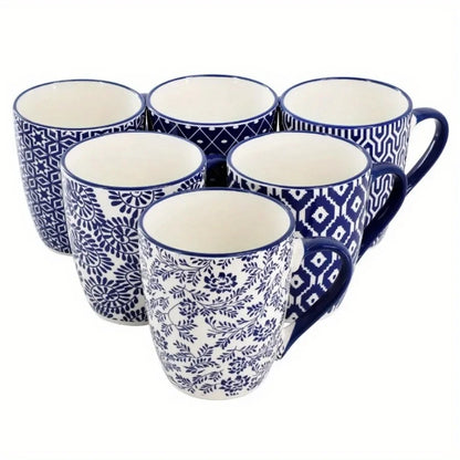6-piece blue and white ceramic mug set
