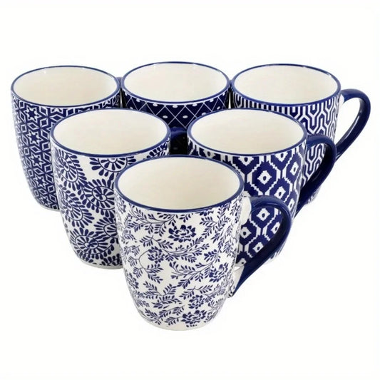 6-piece blue and white ceramic mug set