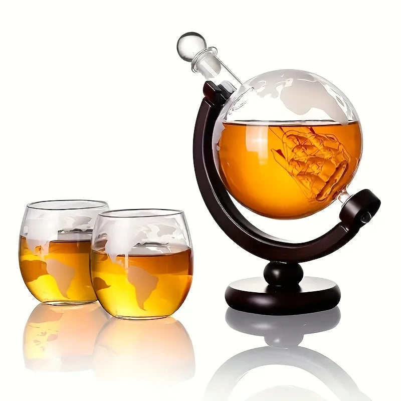 World Map Etched Glass Cups with Decanter