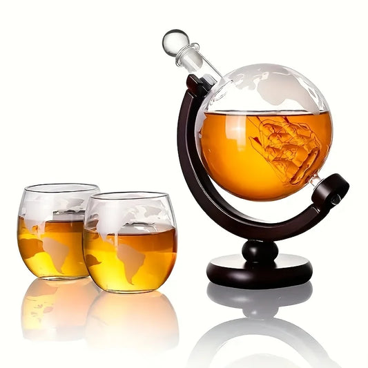 World Map Etched Glass Cups with Decanter
