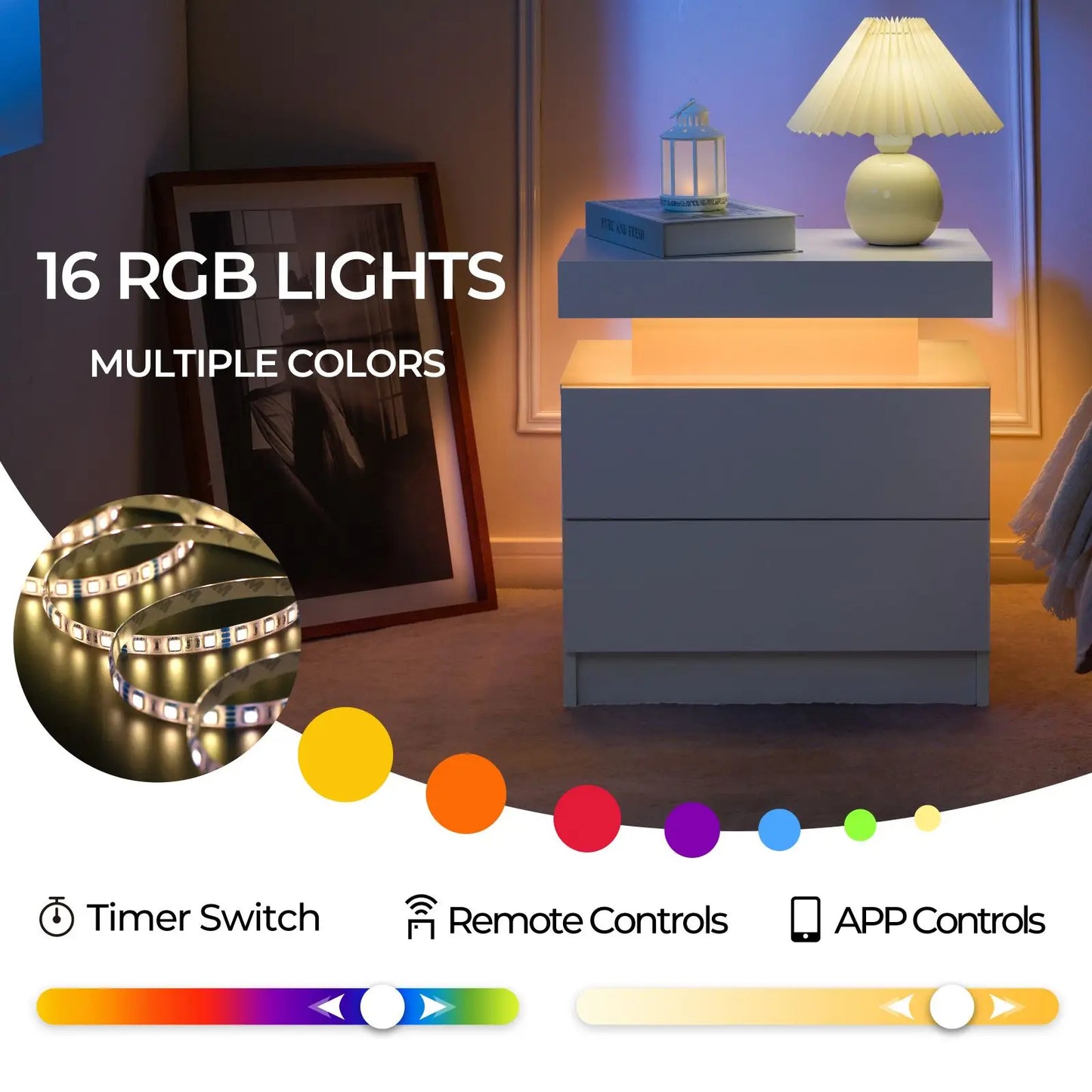Set of 2 LED Nightstands with 2 Drawers