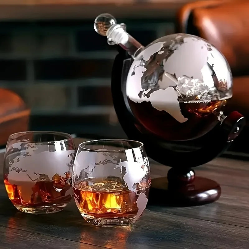 World Map Etched Glass Cups with Decanter