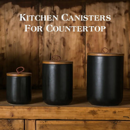Black Ceramic Canister Set with Wooden Lids
