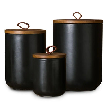 Black Ceramic Canister Set with Wooden Lids