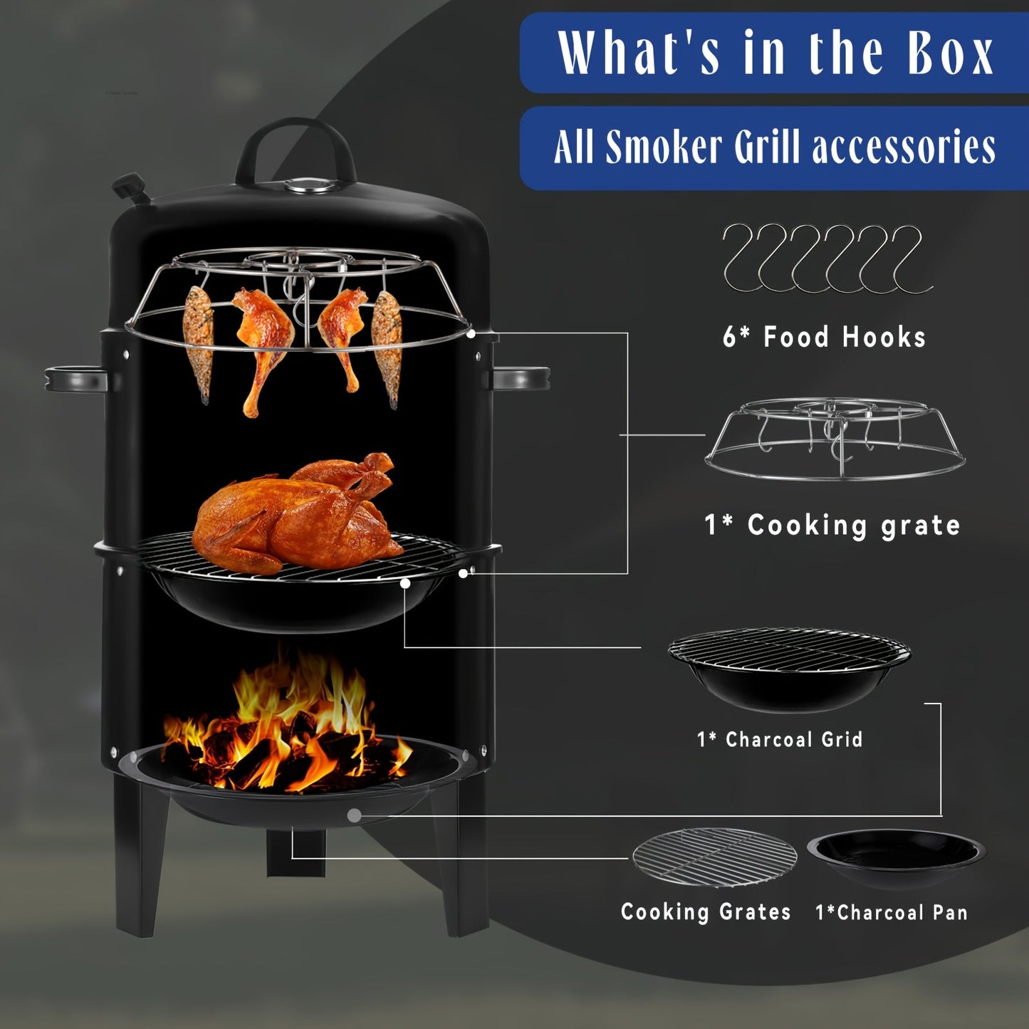 3-in-1 Portable Charcoal Smoker Grill