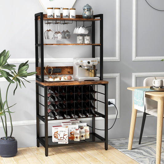 Wine Rack with 4 Tier Storage Shelves and Glass Holders-Brown