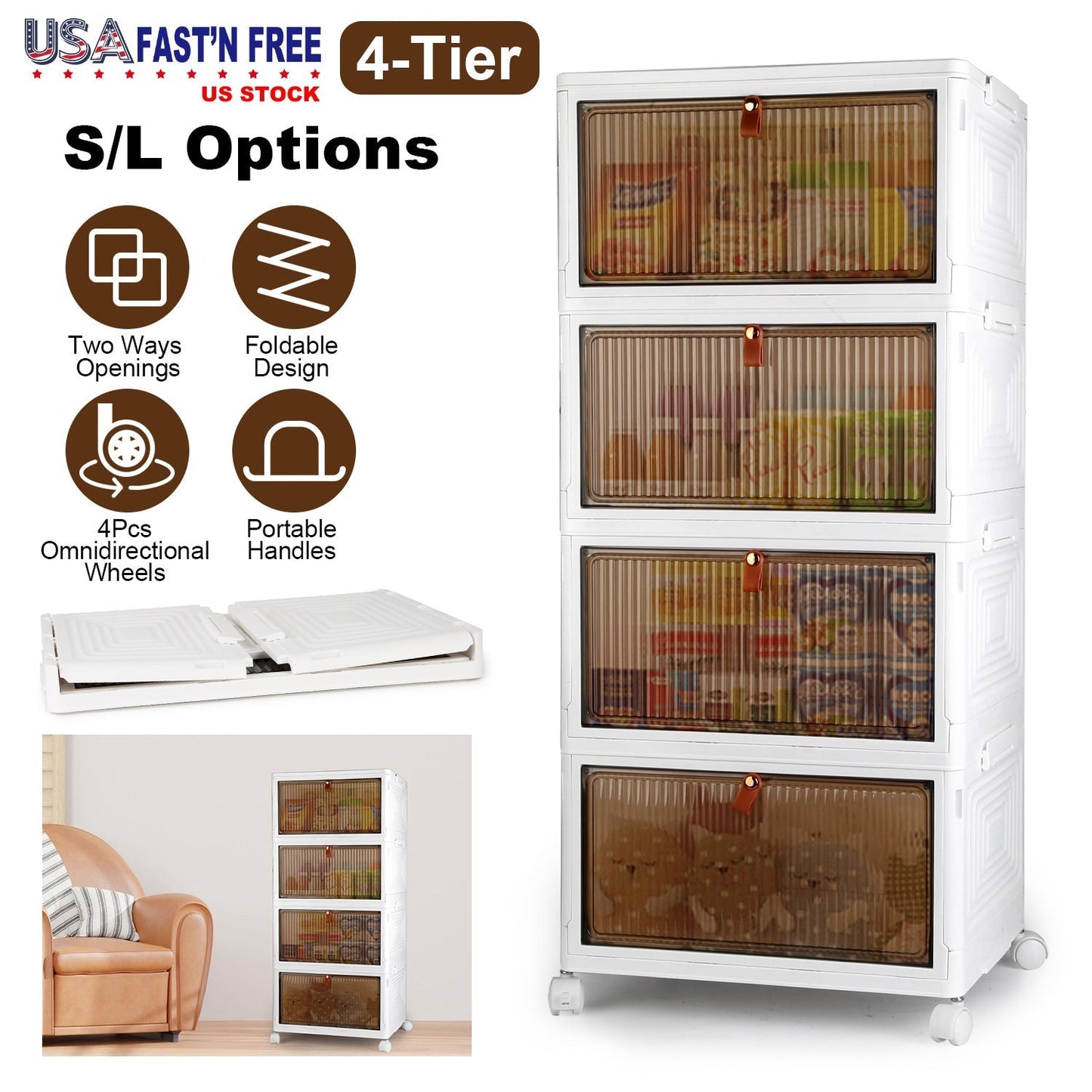 4-Tier Foldable Storage Bins with Wheels