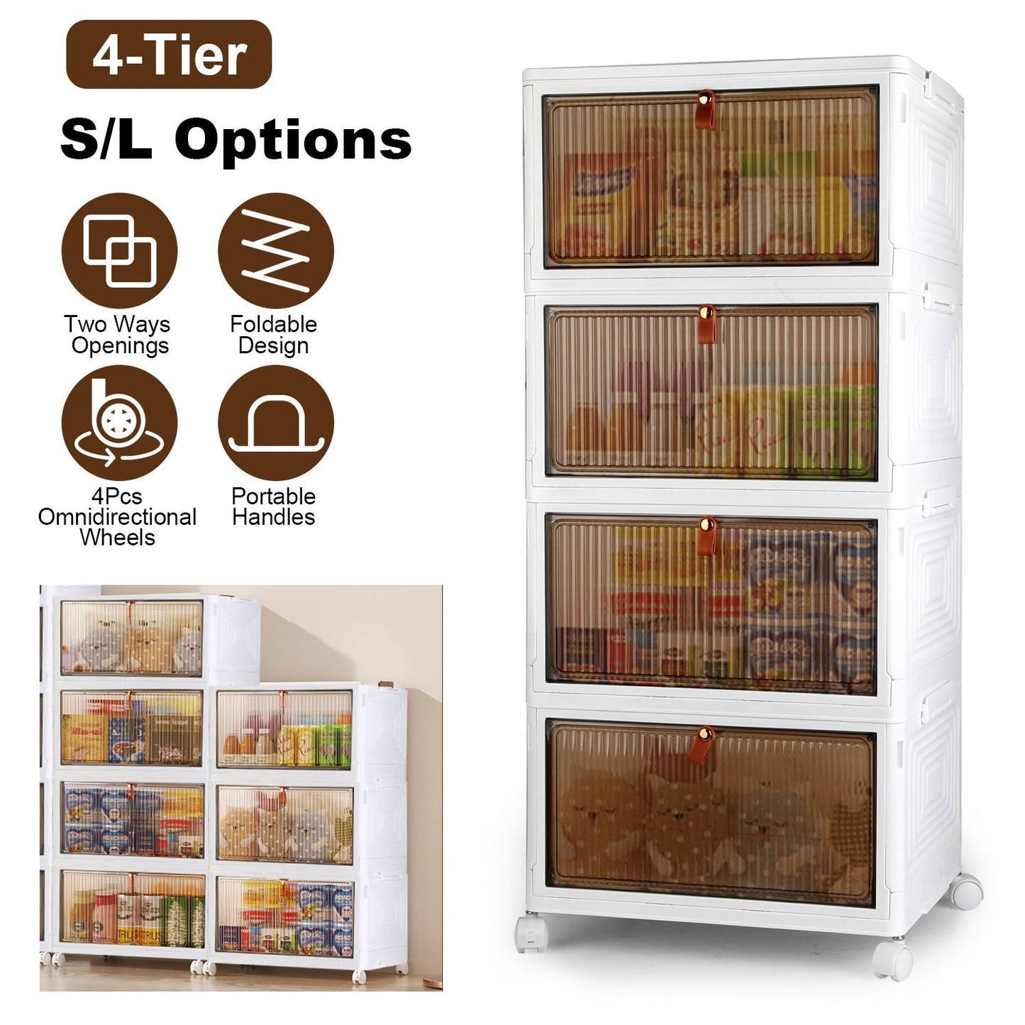 4-Tier Foldable Storage Bins with Wheels
